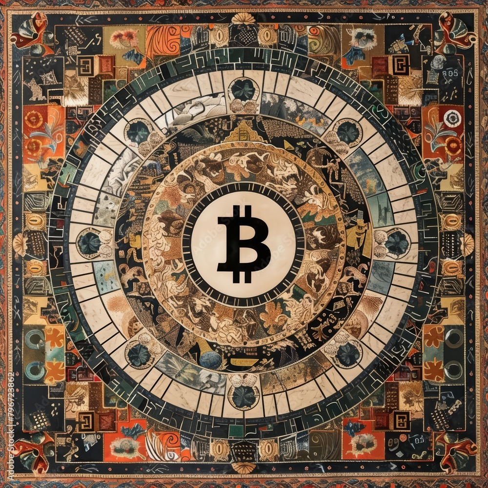 Fototapeta premium Depict a virtual currency market scene with Bitcoin as the central focus, surrounded by intricate patterns and motifs