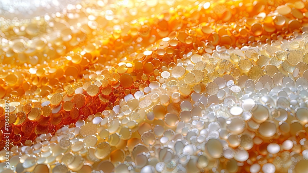 Closeup, tiny translucent glass beads, shiny gravel in light brown and golden tones. Backdrop for summer festivities, celebrations. Shimmer and enchanting allure, evoking magic of sunlit shoreline. Closeup, tiny translucent glass beads, shiny gravel in light brown and golden tones. Backdrop for summer festivities, celebrations. Shimmer and enchanting allure, evoking magic of sunlit shoreline.