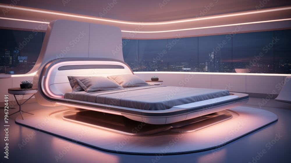 A image futuristic bedroom with integrated smart home controls, adjustable lighting, and AI-powered sleep optimization, AI Generative