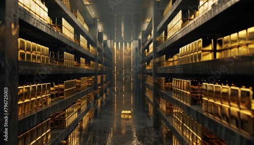 In the vaults of banks, gold bars stack neatly, serving as enduring bastions of economic stability and investment security, background concept photo