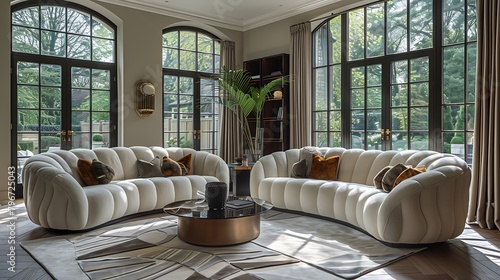 living room with two curved sofas facing each other in the style of elycian architects london. 