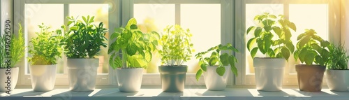 On the windowsill of a sunny kitchen, a series of flat design herb pots stand in a row, their clean, simple lines contrasting with the wild, overflowing greenery they contain photo