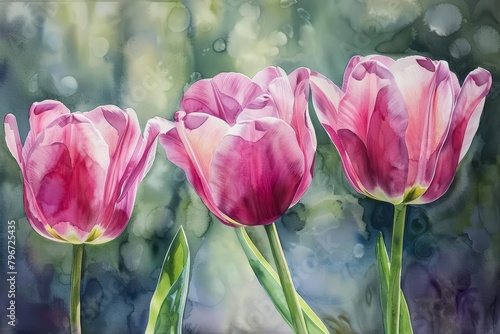 Pink tulips curl their petals coyly, as if whispering secrets to the spring sun, bright water color photo