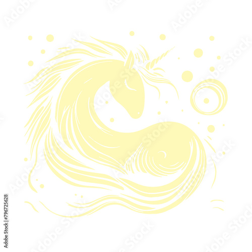 Illustrazione di unicorno minimale bidimensionale color giallo chiaro su sfondo trasparente con pianeti e stelle fiabesco per stampa  photo