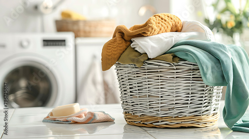 Wicker basket with dirty clothes and detergent on kitchen countertop photo