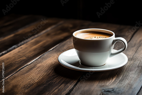 Macro photography of a white coffee cup on an aged wooden table, focusing on the rich, dark coffee and the delicate sheen on the ceramic surface, ideal for coffee brand advertisements or lifestyle mag
