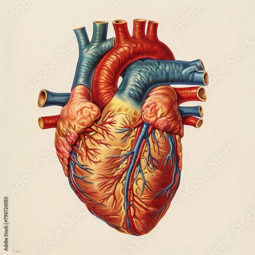 An illustration of a human heart, with the superior vena cava, inferior vena cava, pulmonary artery, and pulmonary vein labeled. photo