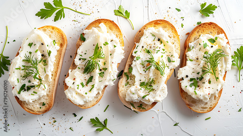 bruschetta with cream cheese and dill on white background