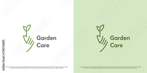 Plant care logo design illustration. Hand silhouette shovel plant charity green garden park eco  seed outdoor nature environment bio fresh leaf. Geometric abstract modern minimal simple icon symbol.