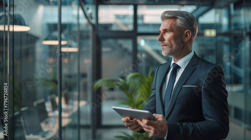 Busy Indian business man project manager looking away holding digital tablet walking in office. Professional businessman entrepreneur going in hallway holding tab working using tab computer