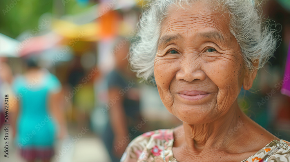 Happy elderly asianl lady outdoors with copy space Happy elderly asianl lady outdoors with copy space