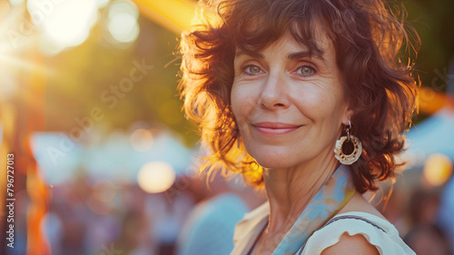 Beautiful mature woman outdoors at a festival with copy space