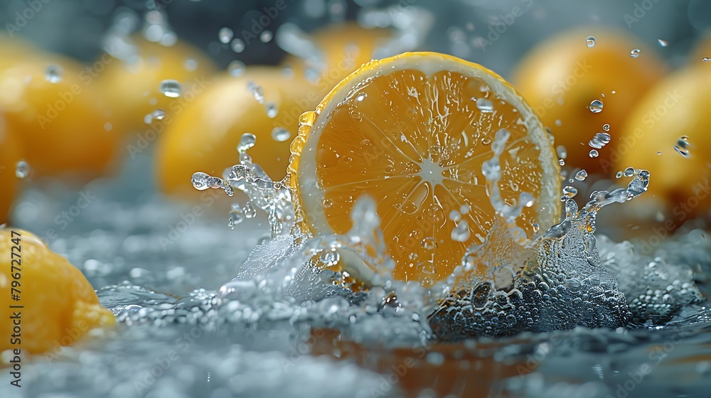 Orange juice hitting the water, an explosion of splashes. Orange juice hitting the water, an explosion of splashes.