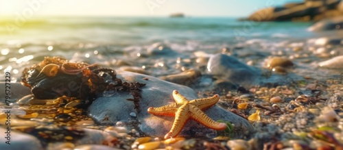 starfish that are carried by the current towards the beach with a beautiful beach view in the background. summer Vacation concept