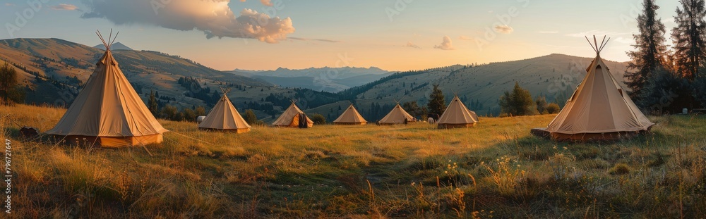 Luxury Camping Tents in Serene Mountain Landscape - Outdoor Adventure and Nature Retreat