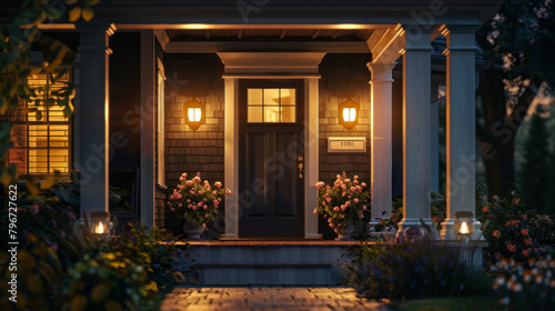 An inviting home entrance glows under warm lights  framed by lush plants and a tranquil evening ambiance. Welcoming Home Entrance with Evening Lighting  