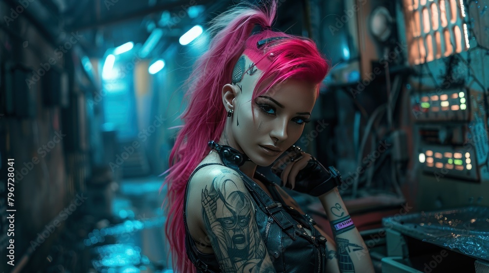 Portrait of punk woman with tattoos and pink hair on metro street of cyberpunk city AI generated image