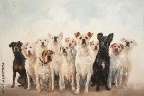 A group of dogs standing proudly as winners of a contest painting mammal animal photo