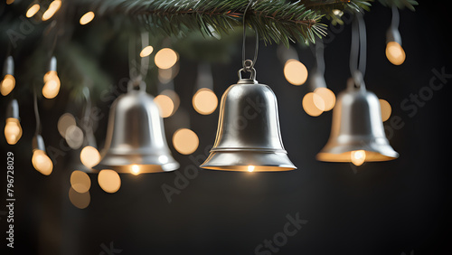 Silver hanging Christmas bells on a black background with Christmas lights in the background in bokeh. AI Generated.