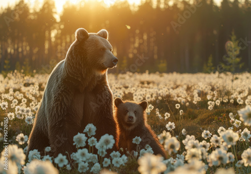 A mother bear and her cub in the distance, background of an endless summer forest with white flowers on green grass