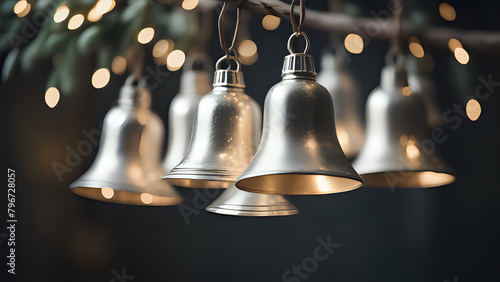 Wallpaper Mural Silver hanging Christmas bells on a black background with Christmas lights in the background in bokeh. AI Generated. Torontodigital.ca