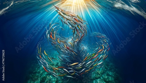 Colorful fish school dynamically swirling in ocean with sunbeam backdrop, ideal for vibrant marine life themes.