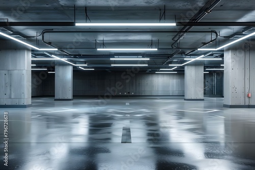 Well-lit Concrete Garage with Clean Walls, Polished Floor, and Modern Lighting. Concept Industrial Aesthetic, Minimalist Design, Urban Architecture, Contemporary Style,   .Clean and Modern Space photo