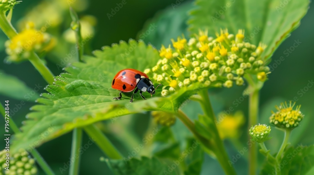 Fototapeta premium A vibrant red ladybug crawling on a green leaf stopping to drink from the delicate yellow flowers that adorn it..