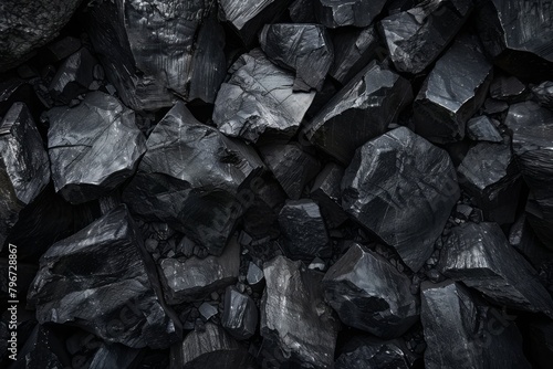 Close-up of coal texture, high-contrast monochrome detail of the mineral's structure, suitable for energy, nature, and industrial themes.