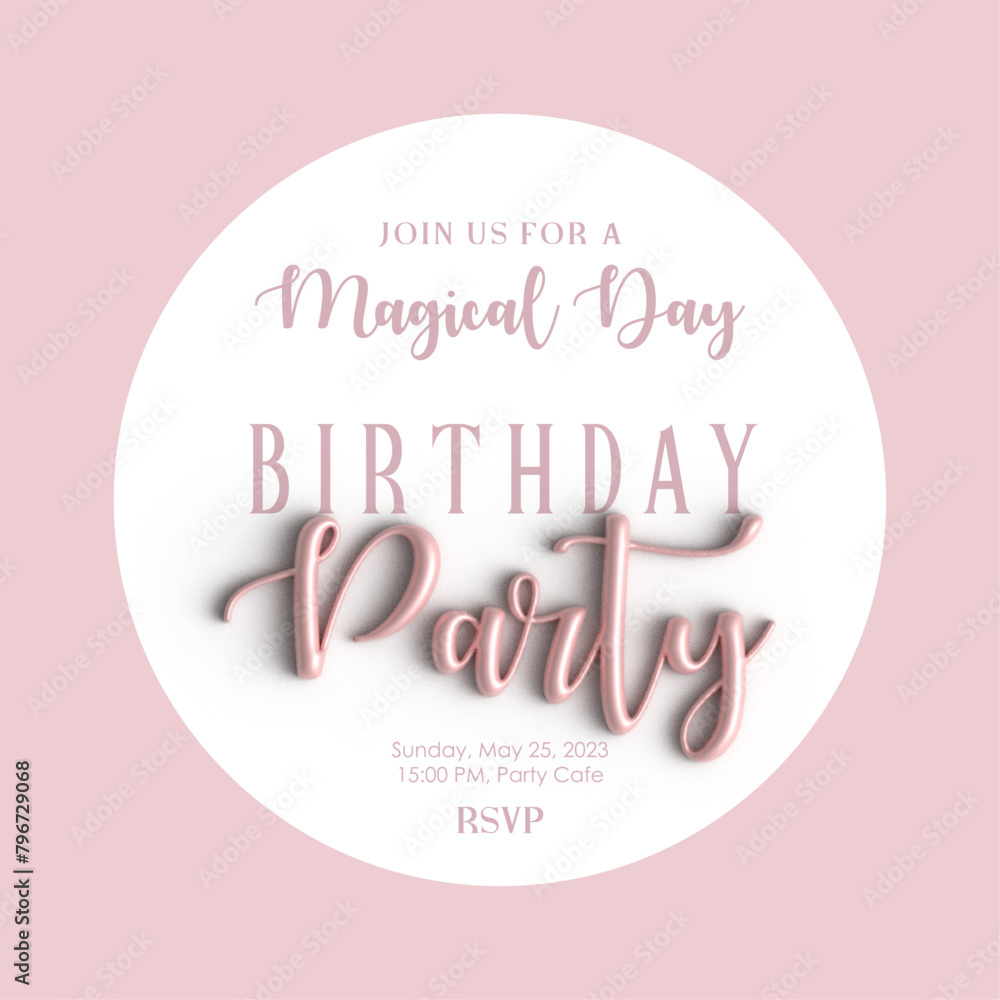 Invitation card for birthday party celebration. Banner with in pink pastel colours background, 3d. Birthday party announcement