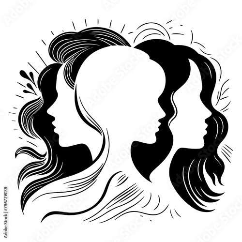 Silhouettes of three women in profile. Concept for equality, international women's day, activism, feminism. Black and white vector illustration. Isolated.