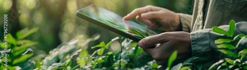 Close-up of a user reviewing their carbon offset contributions on a tablet, with a background of green, sustainable projects photo
