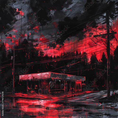 Horrorful and chaotic line paintings, in a dilapidated city park with a convenience store on the roadside, dark sky, black and red, black, abstract photo