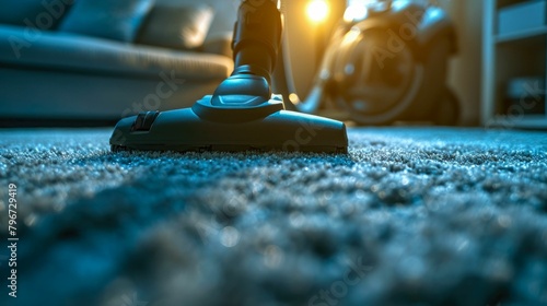 A house cleaner's precision shines through as they vacuum, leaving carpets flawlessly groomed and rooms free from dust