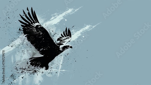 Abstract black eagle on blue textured background with grunge effect. Artistic wildlife representation for freedom concept and nature-themed design. photo