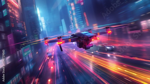 Drone flying at high speed over urban street with light trails and city lights. Futuristic cityscape and technology concept with motion blur for banner, design, and print.