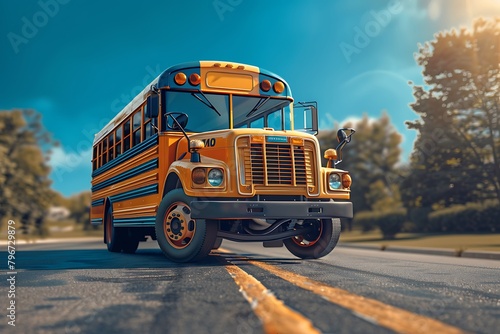 School bus on blacktop with clean sunny background photo