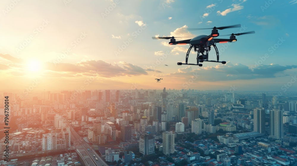 Futuristic city skyline with sleek buildings and flying vehicles, modern urban landscape Futuristic city skyline with sleek buildings and flying vehicles, modern urban landscape