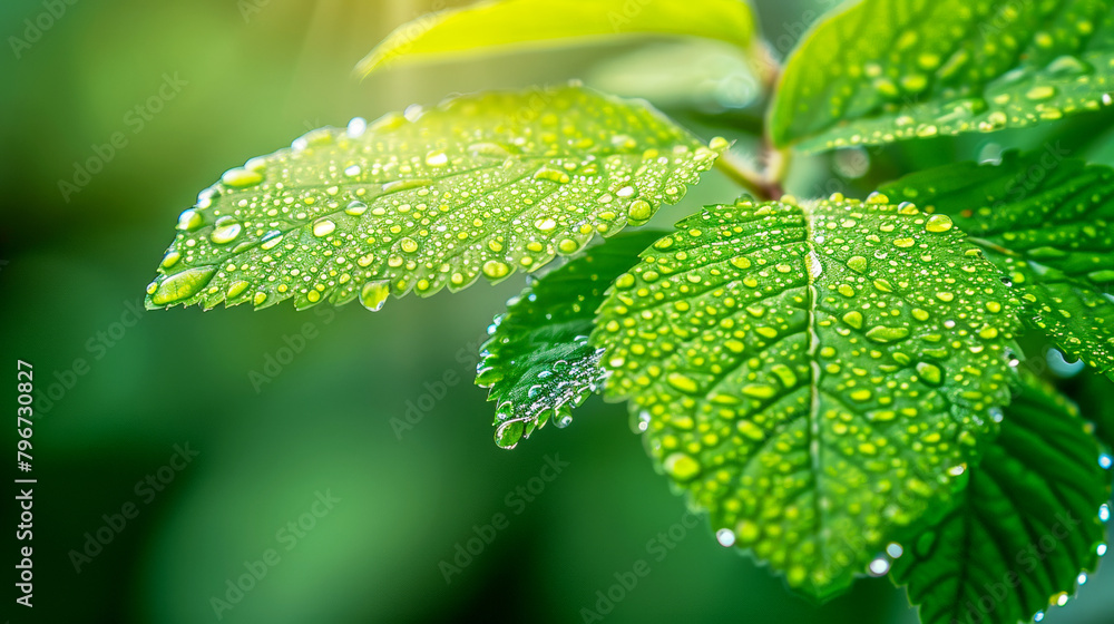 A closeup of the edge of a green leaf with water droplets, symbolizing rain and springtime nature. A closeup of the edge of a green leaf with water droplets, symbolizing rain and springtime nature.