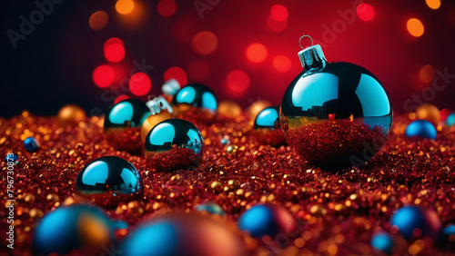 
Blue and gold New Year's balls lie on a glass of finely broken red balls against the background of glowing garlands photo