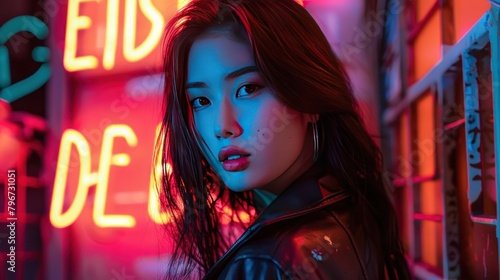 Close up of asian woman face in night club world neon background AI generated image