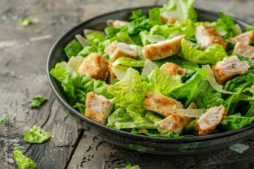 Caesar Salad, Green Lettuce Salat with Chicken and Parmesan Cheese, Caesar Salad, Copy Space