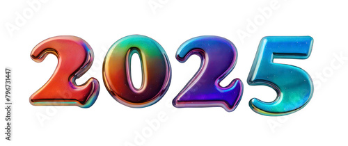 3D chrome inscription 2025 on a transparent background. Cute holographic PNG element in retro Y2K style, New Year, shiny surface.