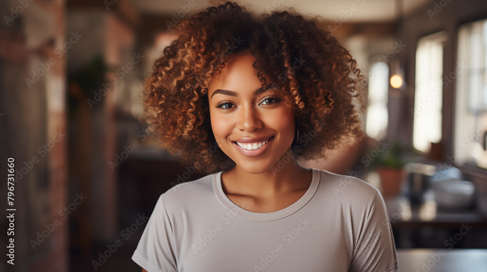 Glowing Woman with Curly Hair in Sunlit Room Glowing Woman with Curly Hair in Sunlit Room