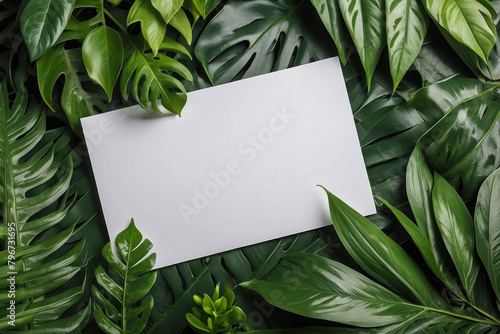 Template for a banner, a blank white piece of paper on a background of green leaves of an exotic plant, space for text.