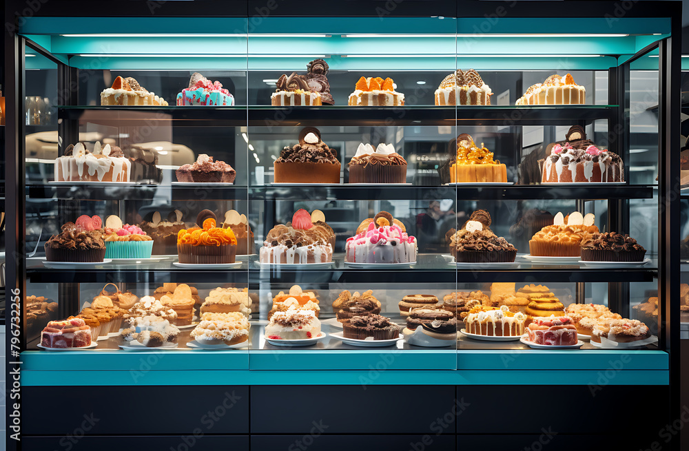A bakery display case filled with an assortment of freshly baked pastries, tempting and delicious. Generative AI
