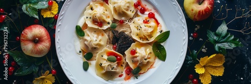 Crab Dumplings, Seafood Ravioli with Sour Cream Sauce and Black Truffle Top View on Dark Leaves photo