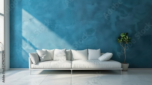 Image of a comfortable modern living room interior design and blue wall texture with 3D rendering