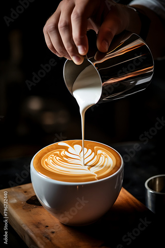 Artful milk pour creating a latte art design on a freshly brewed cup of coffee, served on a wooden table. Generative AI