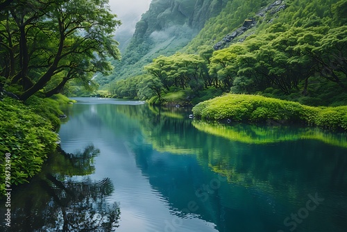 A tranquil river meandering through a verdant valley  its mirrored surface reflecting the lush landscape that surrounds it